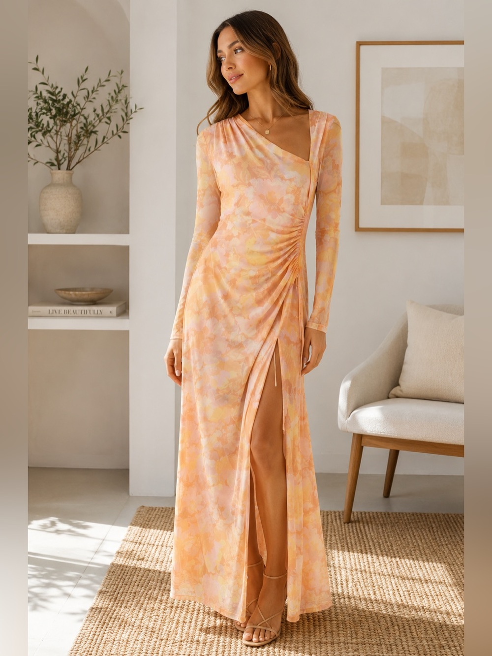 Significant Other Floral Ruched Maxi Dress Side Slit US 4